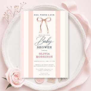 Red White and Due Pink Bow Girls Baby Shower Invitation