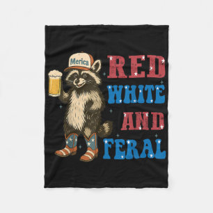 Red White And Feral Funny Racoon Beer 4th Of July Fleece Blanket