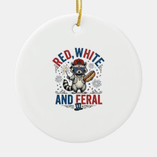 Red White and Feral Patriotic Racoon Shirt_1 Ceramic Tree Decoration
