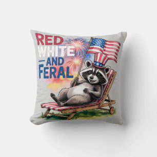 Red White And Feral Raccoon Cushion