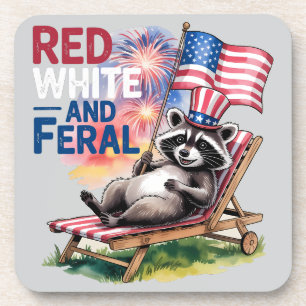 Red White And Feral Racoon Coaster