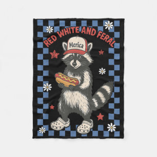 Red White And Feral Racoon Funny Usa 4th Of July Fleece Blanket