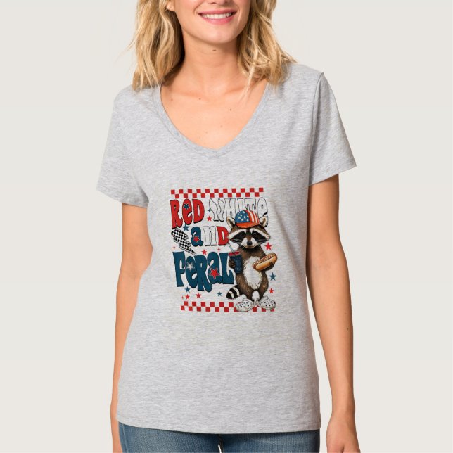 Red White And Feral Racoon Patriotic 4th Of July T-Shirt (Front)
