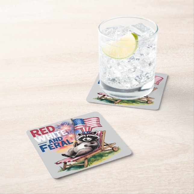 Red White And Feral Racoon Square Paper Coaster (Insitu)