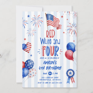 Red White and Four 4th July Birthday Invitation