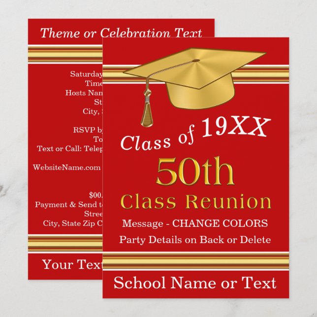 Red, White and Gold 50th Class Reunion Invitations (Front/Back)