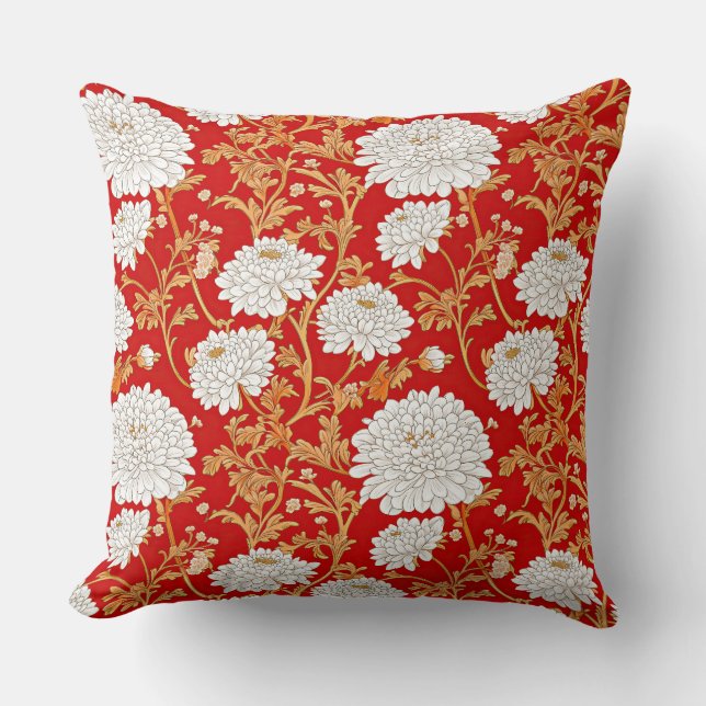 Red White and Gold Japanese Chrysanthemum Floral Cushion (Front)