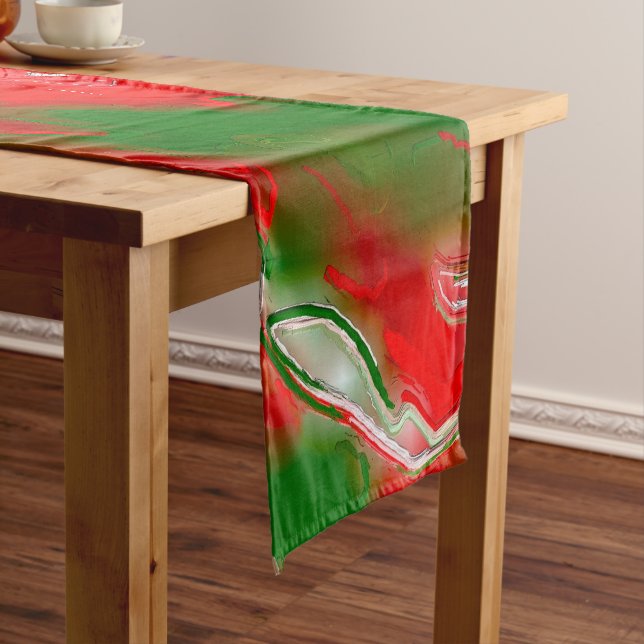 Red, White and Green Abstract Short Table Runner (In Situ)