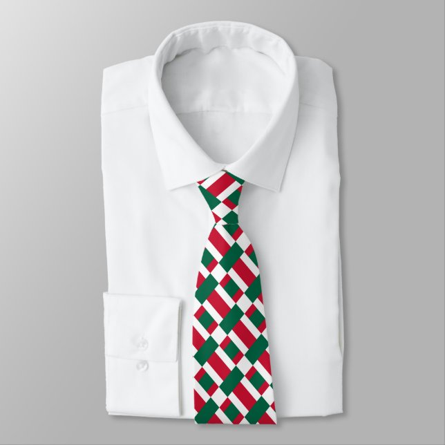 Red White And Green Colour Block Print Neck Tie (Tied)