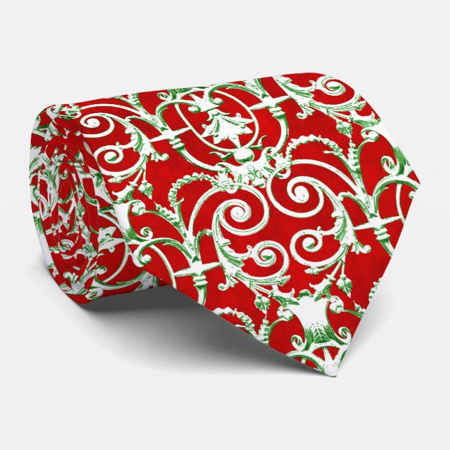 Red White and Green Damask Pattern Tie (Rolled)