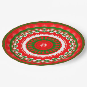 Red, White and Green Mandala Paper Plate