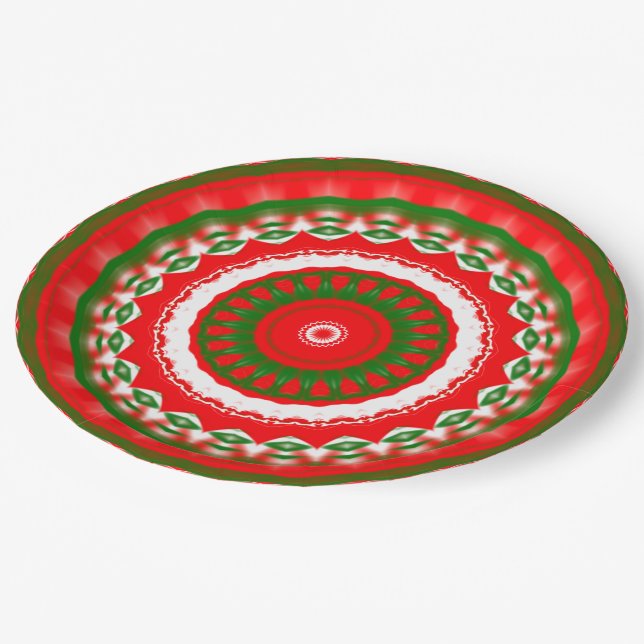 Red, White and Green Mandala Paper Plate (Angled)