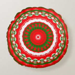 Red, White and Green Mandala Round Cushion