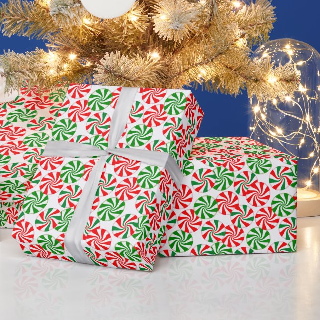 Red White and Green Peppermint Candy Swirl Pattern Wrapping Paper (Holidays)