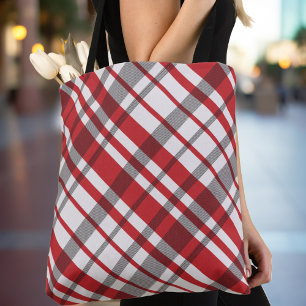 Red White and Grey Diagonal Tartan Plaid Tote Bag