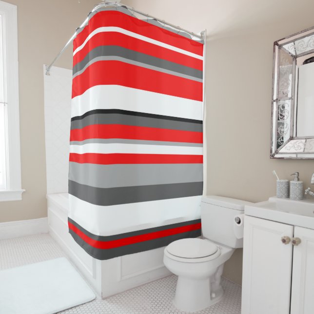 Red white and grey Stripes  Shower Curtain (In Situ)