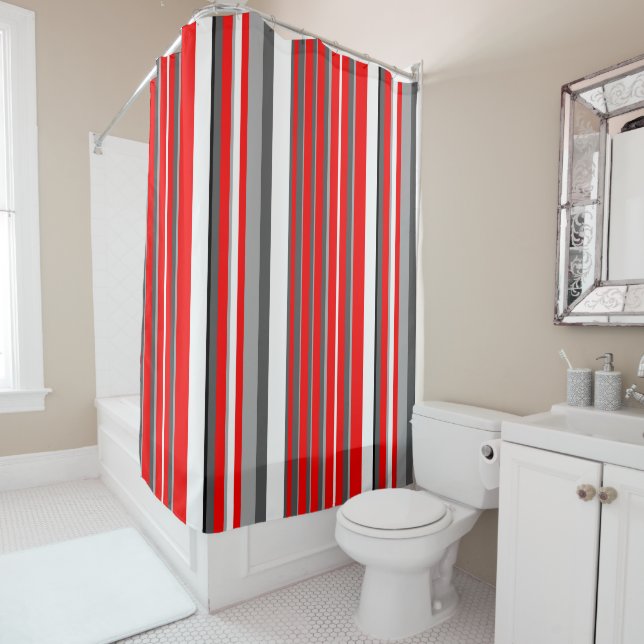 Red white and grey Stripes Shower Curtain (In Situ)