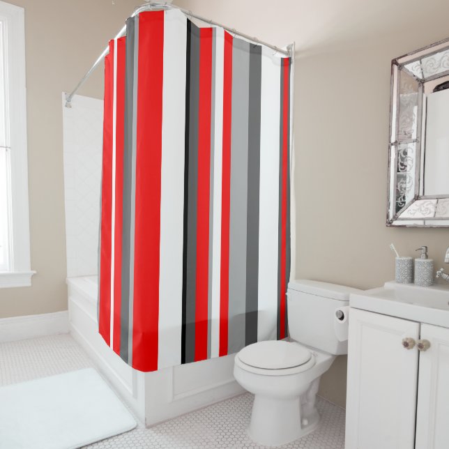 Red white and grey Stripes Shower Curtain (In Situ)