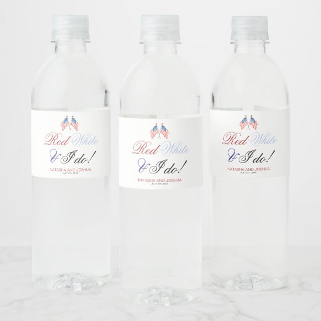 Red White and I Do 4th July USA Flag Wedding  Water Bottle Label (Bottles)