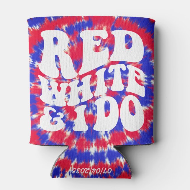 Red White and I Do | Retro American Tie Dye  Can Cooler (Back)