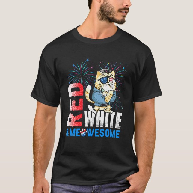 Red White And Meowsome Fireworks Cat 4th Of July T-Shirt (Front)