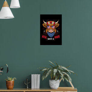 Red White and Moo Highland Cow 4th July 250 Years Poster