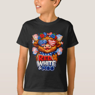 Red White And Moo Patriotic Highland Cow 4th July T-Shirt