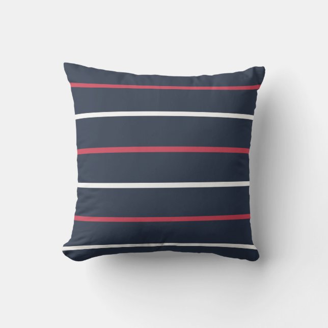 Red White and Navy Blue Stripes Outdoor Pillow (Front)