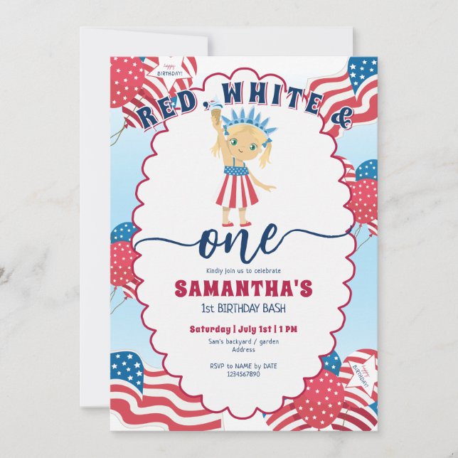Red White and One Patriotic Cute Girl 1st Birthday Invitation (Front)