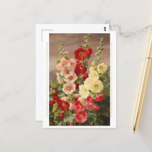 Red, white and pink hollyhocks, Christensen Postcard