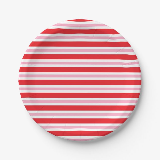 Red, White and Pink Thick and Thin Stripes Paper Plate (Front)