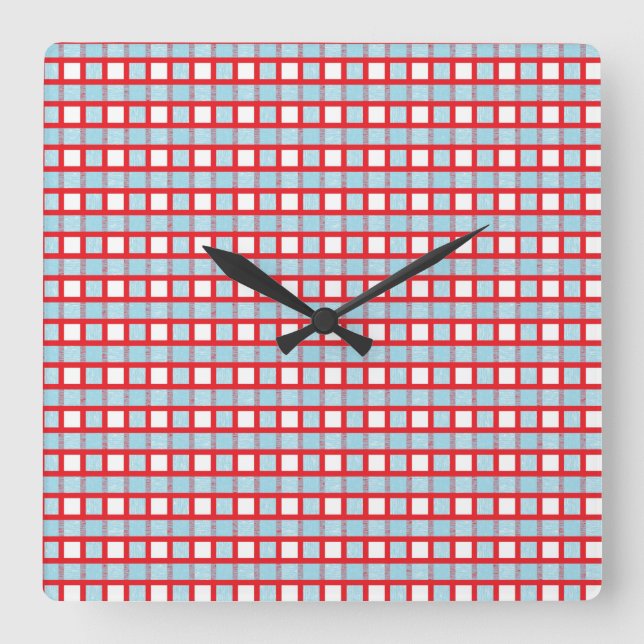Red, White and Static Pastel Blue Weave Square Wall Clock (Front)