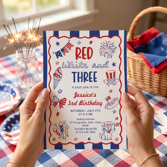 Red White and Three 3rd Birthday Invitation (Creator Uploaded)