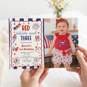 Red White and Three 3rd Birthday Photo Invitation