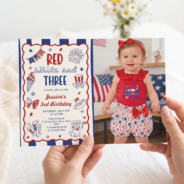 Red White and Three 3rd Birthday Photo Invitation (Creator Uploaded)