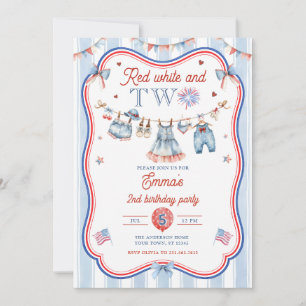 Red White and Two 4th July 2rd Birthday Party Invitation