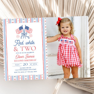 Red White and Two 4th of July 2nd Birthday Photo Invitation