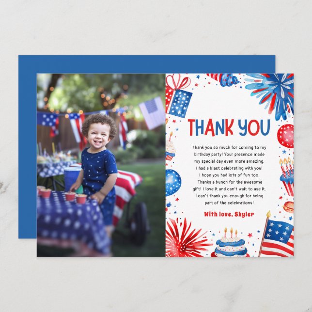 Red White and Two 4th Of July Birthday Party Thank You Card (Front/Back)