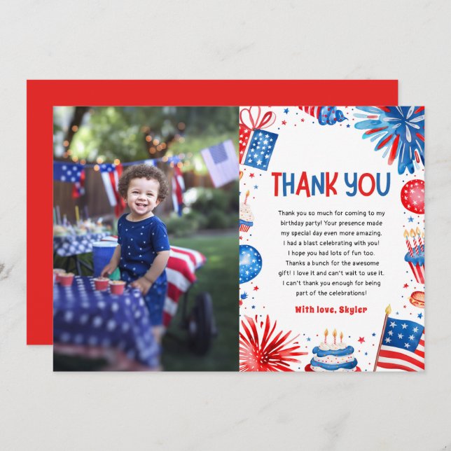 Red White and Two 4th Of July Birthday Party Thank You Card (Front/Back)