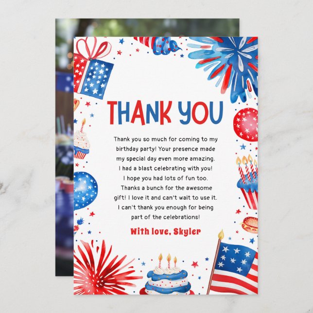 Red White and Two 4th Of July Patriotic Birthday Thank You Card (Front/Back)
