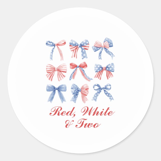 Red, White and Two Bows fourth of July birthday Classic Round Sticker (Front)