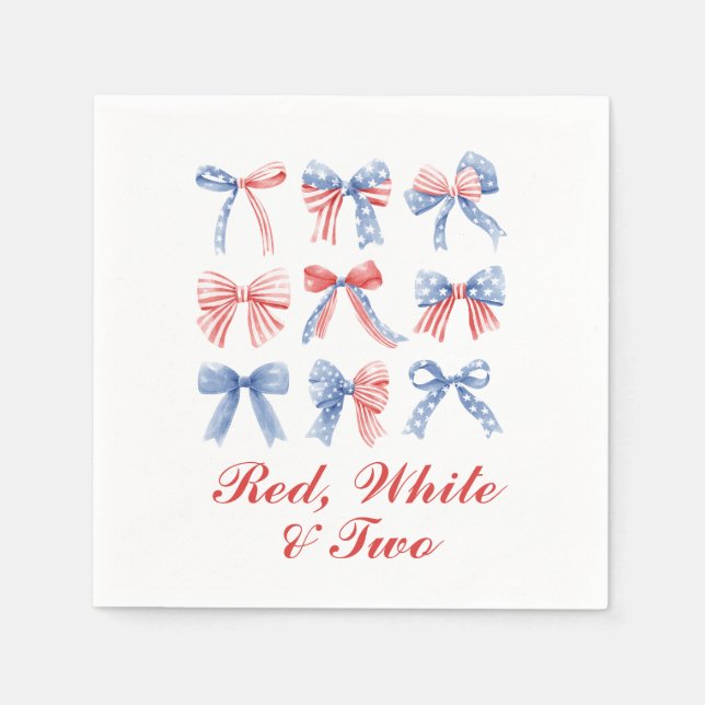 Red, White and Two Bows fourth of July birthday Napkin (Front)