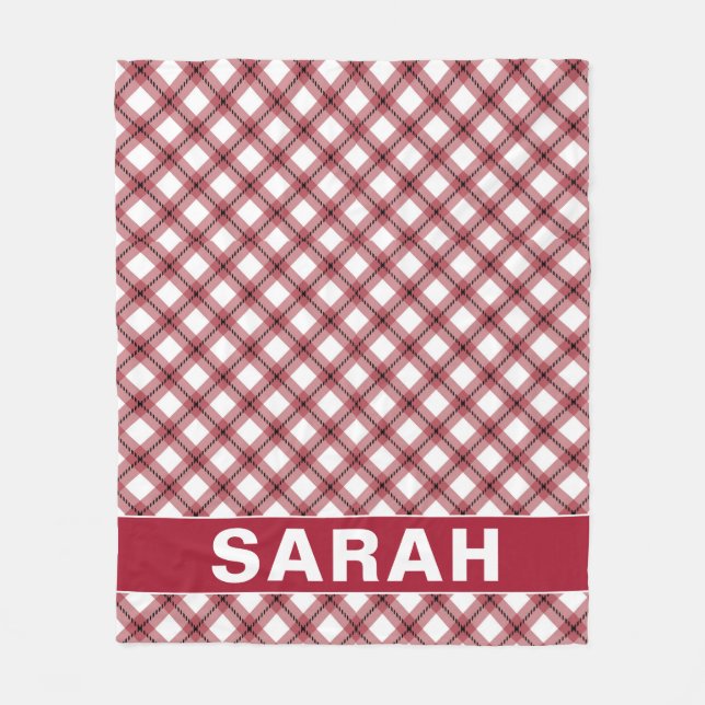 Red & White Argyle Plaid Custom Name Fleece Blanket (Front)