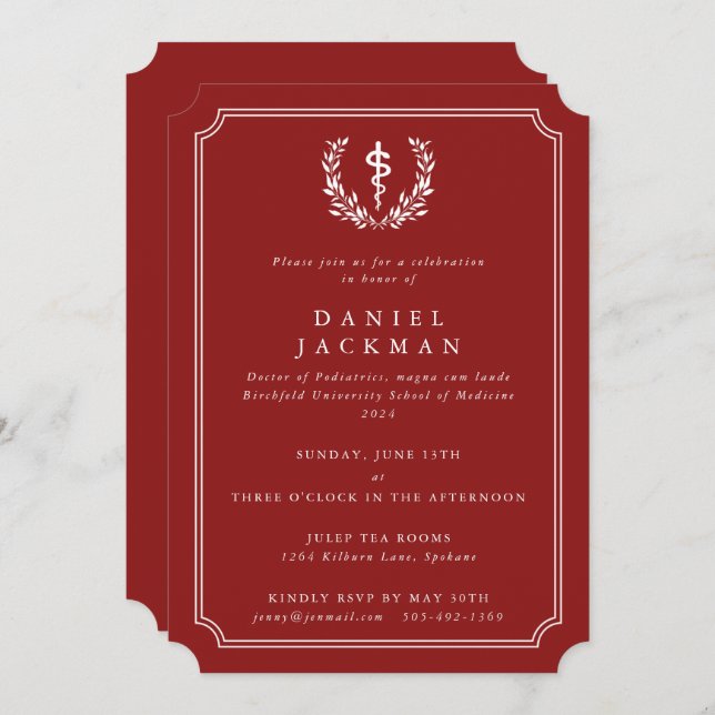 Red/White Asclepius Medical School Graduation Invitation (Front/Back)