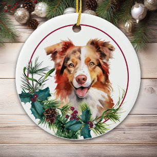 Red White Australian Shepherd Dog Evergreen Wreath Ceramic Tree Decoration