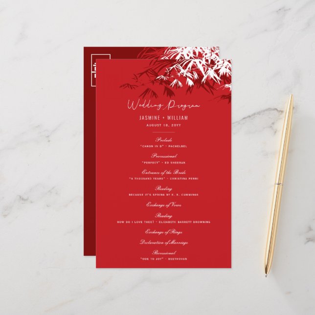Red/White Bamboo Leaves Chinese Wedding Program (Front/Back In Situ)