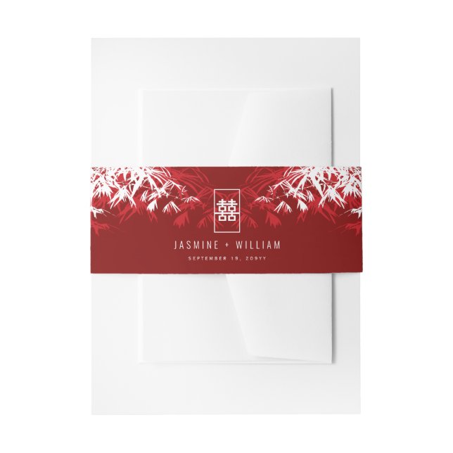 Red/White Bamboo Leaves Double Xi Chinese Wedding Invitation Belly Band (Front Example)