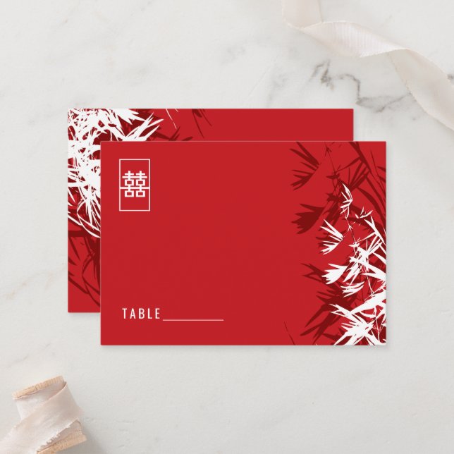 Red & White Bamboo Leaves Modern Zen Asian Wedding Place Card (Front/Back In Situ)