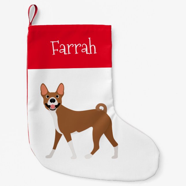 Red White Basenji Personalised Small Christmas Stocking (Front)