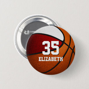 Red white basketball team colours girls boys name  6 cm round badge